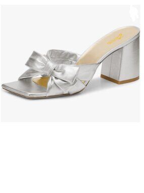 Zszszsu Silver Open Square Toe Chunky Heel Sandal Mules Chic Modern Stylish Shoe